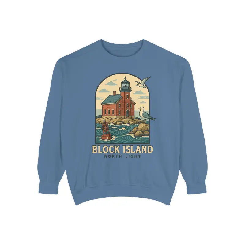 Blue long-sleeve crewneck sweatshirt with colorful lighthouse and ocean graphic for men
