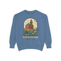 Blue long-sleeve crewneck sweatshirt with colorful lighthouse and ocean graphic for men