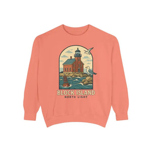 Peach long-sleeve crewneck sweatshirt with lighthouse and seagulls graphic design