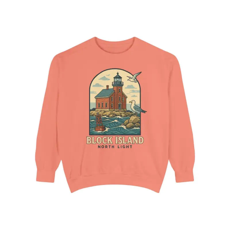 Peach long-sleeve crewneck sweatshirt with lighthouse and seagulls graphic design