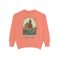 Peach long-sleeve crewneck sweatshirt with lighthouse and seagulls graphic design
