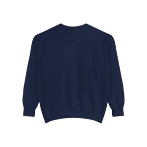 Dark blue long-sleeved crewneck sweatshirt with lighthouse and seagulls graphic design