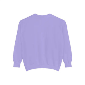 Back view of a light purple long sleeve crewneck sweatshirt with lighthouse and seagulls graphic