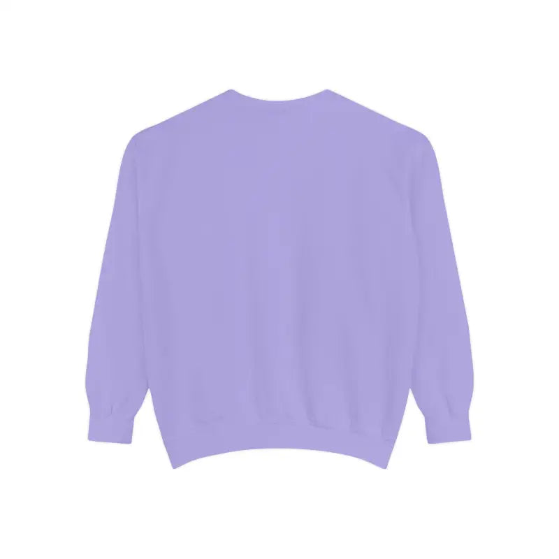 Back view of a light purple long sleeve crewneck sweatshirt with lighthouse and seagulls graphic
