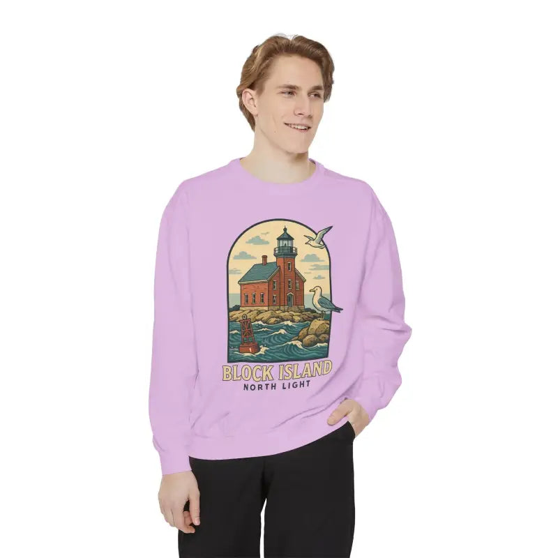 Lavender Long Sleeve Crewneck Sweatshirt with Block Island North Light and Seagulls graphic