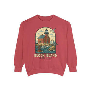 Red long sleeve crewneck sweatshirt with lighthouse and seagull graphic for coastal style