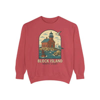 Red long sleeve crewneck sweatshirt with lighthouse and seagull graphic for coastal style