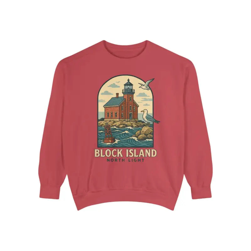 Red long sleeve crewneck sweatshirt with lighthouse and seagull graphic for coastal style