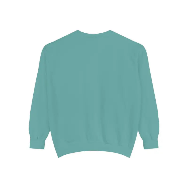 Plain teal long-sleeve crewneck sweatshirt with lighthouse and seagulls graphic design