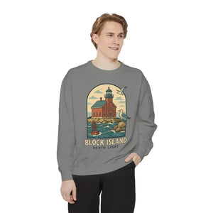 Gray long-sleeved crewneck sweatshirt with lighthouse and seagulls graphic for men and women