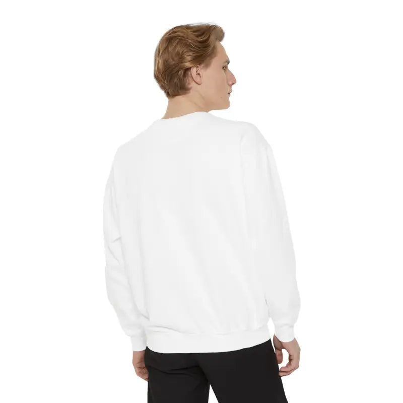 Men’s white crewneck sweatshirt with Lighthouse and Seagulls graphic design