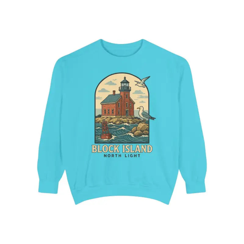 Bright blue long-sleeved sweatshirt with a Block Island North Light lighthouse graphic
