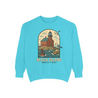 Bright blue long-sleeved sweatshirt with a Block Island North Light lighthouse graphic