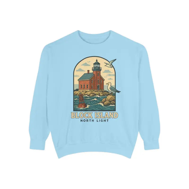 Light blue long sleeve crewneck sweatshirt with colorful lighthouse, ocean, and seagulls graphic