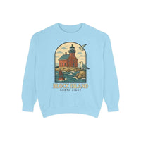 Light blue long sleeve crewneck sweatshirt with colorful lighthouse, ocean, and seagulls graphic