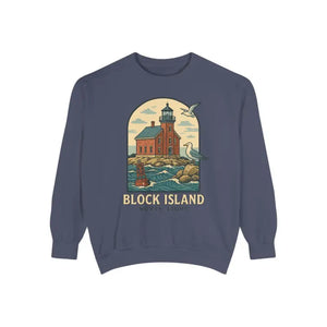 Dark blue long-sleeved sweatshirt with Block Island lighthouse and seagulls graphic