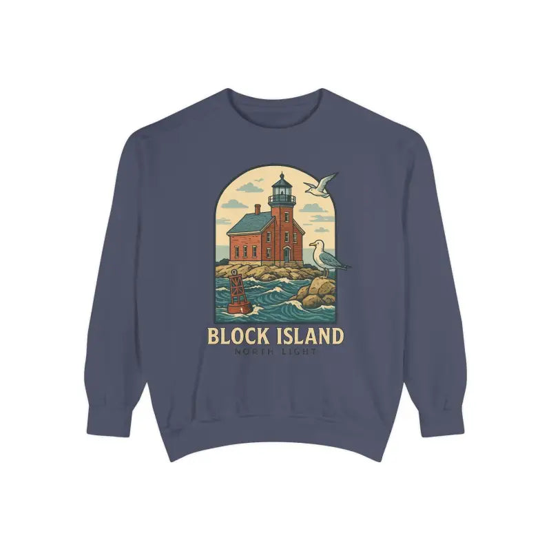 Dark blue long-sleeved sweatshirt with Block Island lighthouse and seagulls graphic