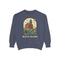 Dark blue long-sleeved sweatshirt with Block Island lighthouse and seagulls graphic