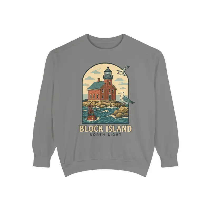 Grey long-sleeve sweatshirt with lighthouse and seagulls graphic for casual wear