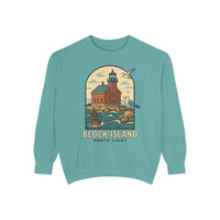 Teal long-sleeved crewneck sweatshirt with lighthouse and seagulls graphic design