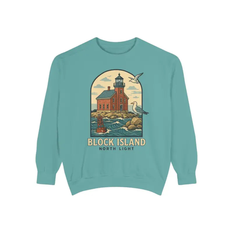 Teal long-sleeved crewneck sweatshirt with lighthouse and seagulls graphic design