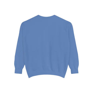 Plain blue long-sleeved crewneck sweatshirt with lighthouse and seagulls graphic design