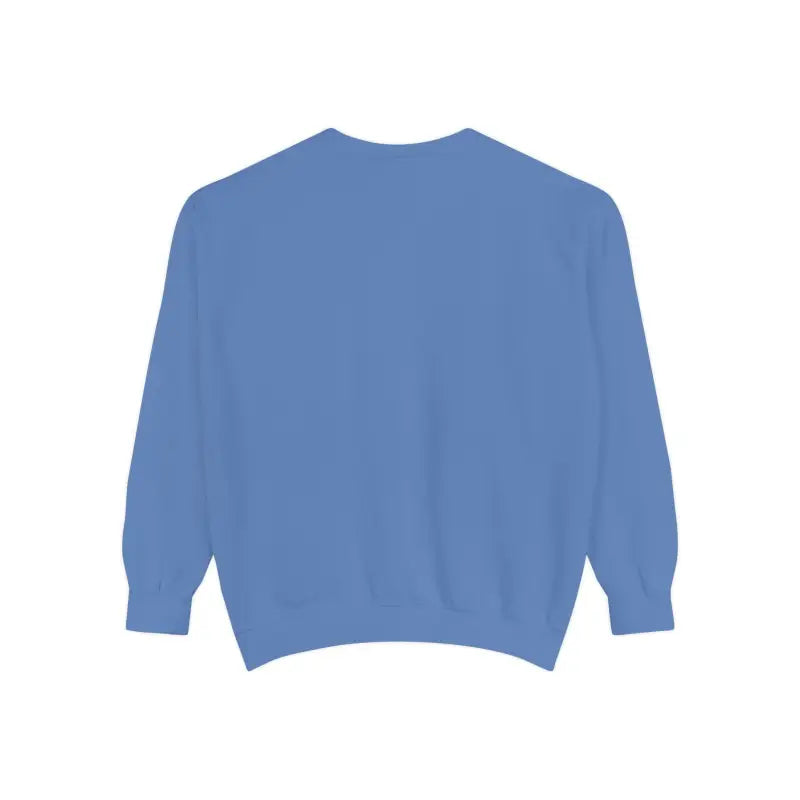Plain blue long-sleeved crewneck sweatshirt with lighthouse and seagulls graphic design