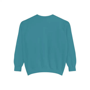 Teal long-sleeved crewneck sweatshirt with lighthouse and seagulls graphic design