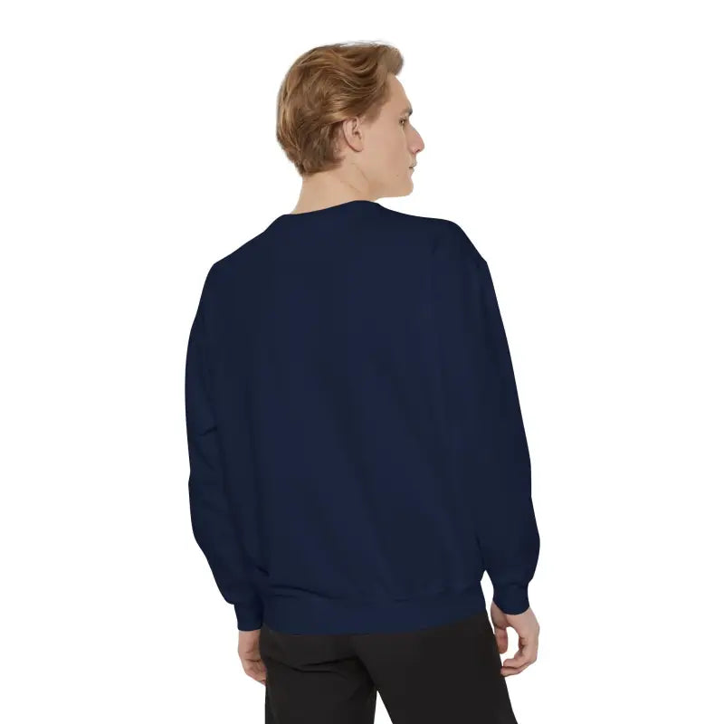 Men’s navy blue crewneck sweatshirt with lighthouse and seagulls graphic design