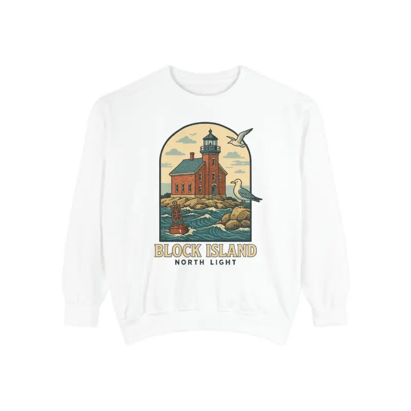 White long-sleeve crewneck sweatshirt with colorful lighthouse and ocean graphic