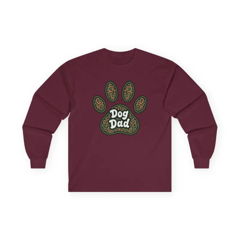 Maroon long-sleeved shirt for dog dads with paw print design for pet lovers