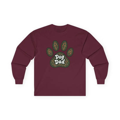 Maroon long-sleeved shirt for dog dads with paw print design for pet lovers