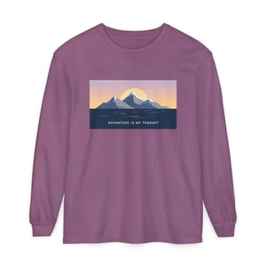 Purple long-sleeve shirt featuring a mountain and sun graphic from Long Sleeve Mountain Sunrise and Ocean Graphic T Shirt collection
