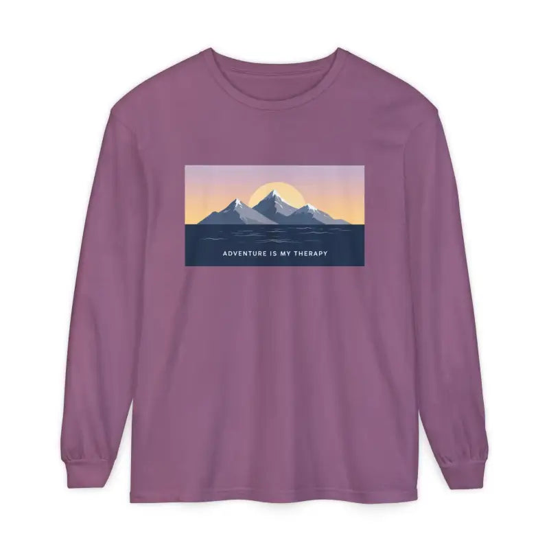 Purple long-sleeve shirt featuring a mountain and sun graphic from Long Sleeve Mountain Sunrise and Ocean Graphic T Shirt collection