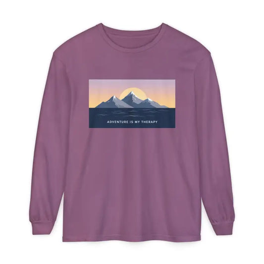 Purple long-sleeve shirt featuring a mountain and sun graphic from Long Sleeve Mountain Sunrise and Ocean Graphic T Shirt collection
