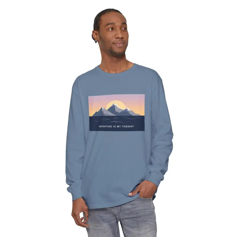 Blue long-sleeve T-shirt featuring a mountain and sunset graphic for outdoor enthusiasts