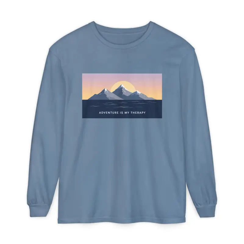 Blue long-sleeved T shirt featuring mountain and ocean graphic for Long Sleeve Mountain Sunrise and Ocean Graphic T Shirt