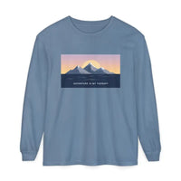 Blue long-sleeved T shirt featuring mountain and ocean graphic for Long Sleeve Mountain Sunrise and Ocean Graphic T Shirt