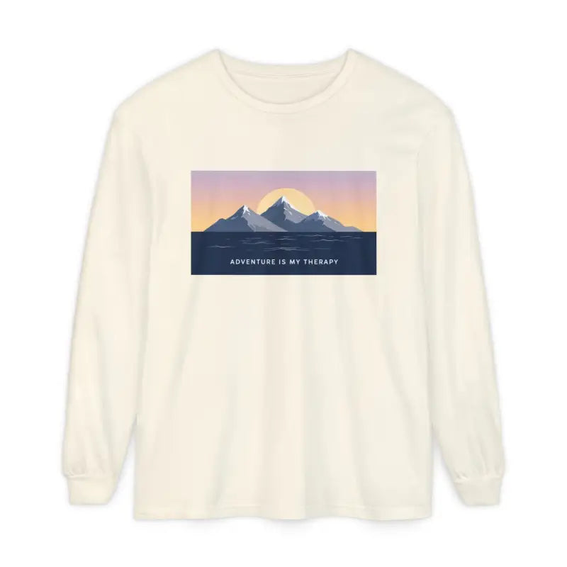 Cream long-sleeve T-shirt featuring a mountain and sunset graphic for Men and Women