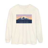 Cream long-sleeve T-shirt featuring a mountain and sunset graphic for Men and Women