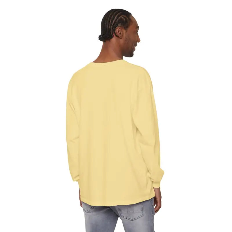 Men’s light yellow long-sleeve T shirt with Mountain Sunrise and Ocean graphic