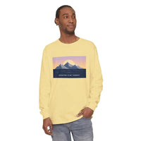 Men’s long-sleeve yellow graphic T-shirt featuring mountain sunrise and ocean design