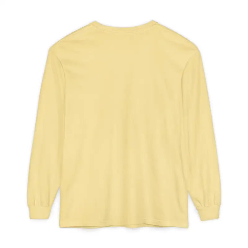 Pale yellow long-sleeved crew-neck T shirt with Mountain Sunrise and Ocean graphic