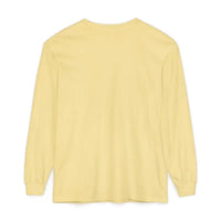 Pale yellow long-sleeved crew-neck T shirt with Mountain Sunrise and Ocean graphic