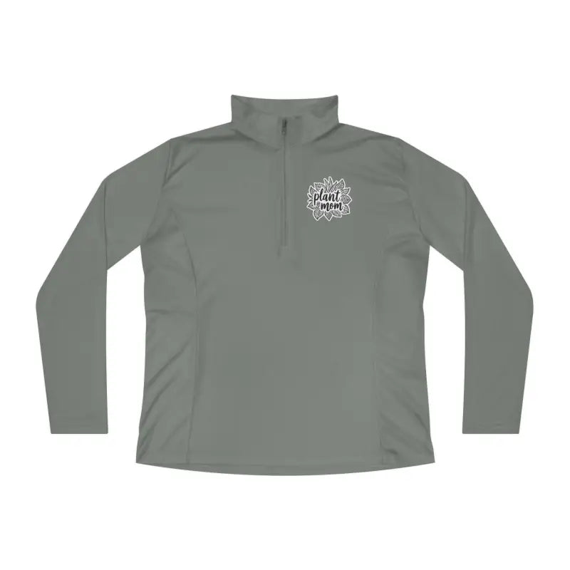 Gray long-sleeved athletic shirt showcased in Long Sleeve Plant Mom Quarter Zip Pullover