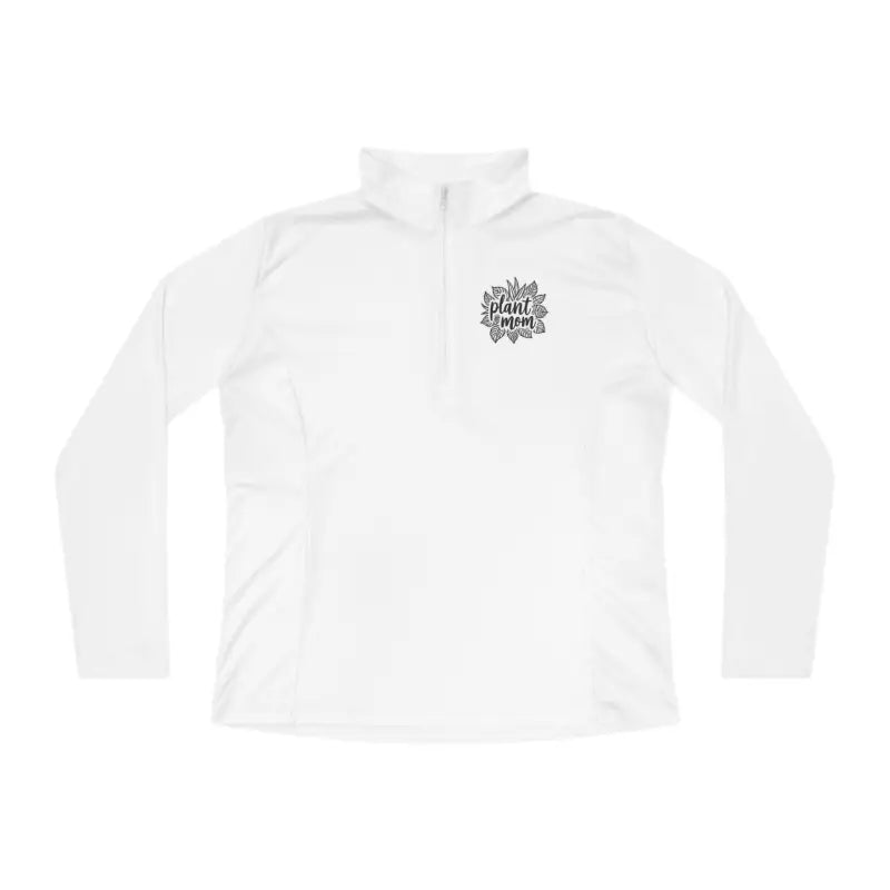 White long-sleeved pullover featuring a quarter zip, perfect for plant enthusiasts