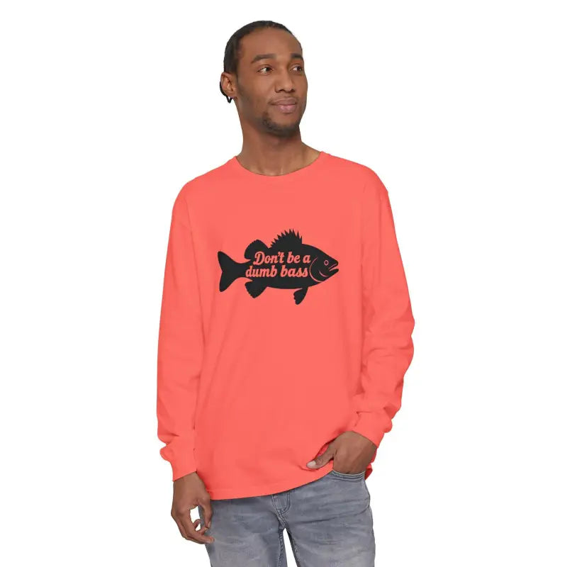 Coral long-sleeved shirt featuring fish graphic from Dont Be a Dumb Bass Design
