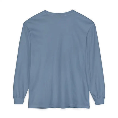 Blue long-sleeved shirt featuring Dont Be a Dumb Bass graphic design