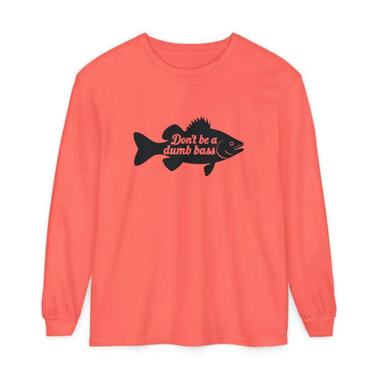 Salmon-colored long-sleeved shirt featuring Don’t Be a Dumb Bass fish graphic design