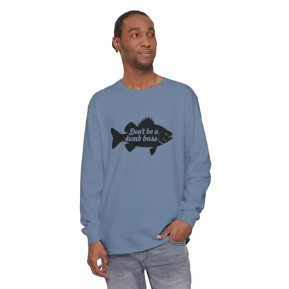 Blue long-sleeved shirt featuring fish graphic from Long Sleeve Shirt with Fish Graphic Dont Be a Dumb Bass Design